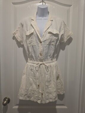 Allie Rose Cream/White Cotton Linen Romper Small Natural Fibers